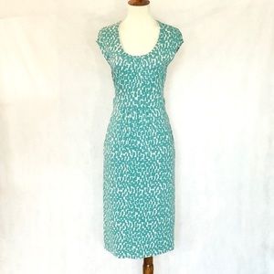 Boden Teal and White Patterned Cap-Sleeve Sheath Dress